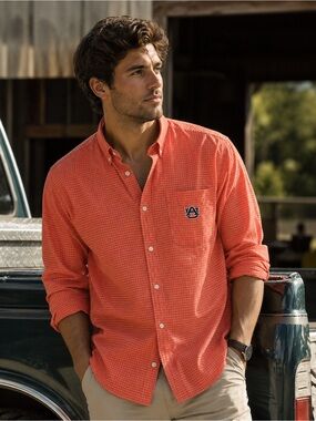 Campus Specialties Men's XXL Orange Grid Plaid Button-Down Shirt